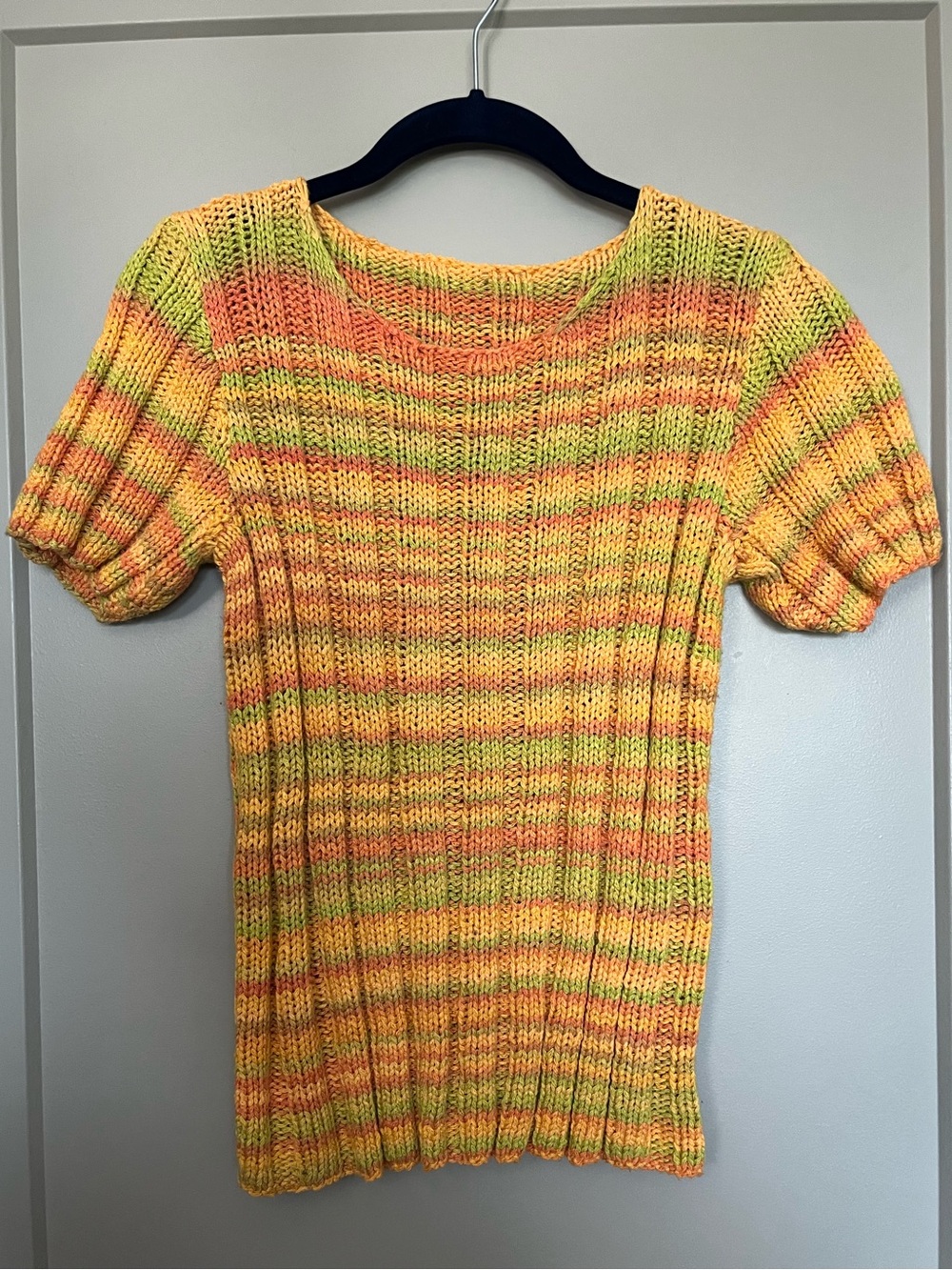 Hand Knitted Multicolor Ribbed Short-Sleeve Sweater